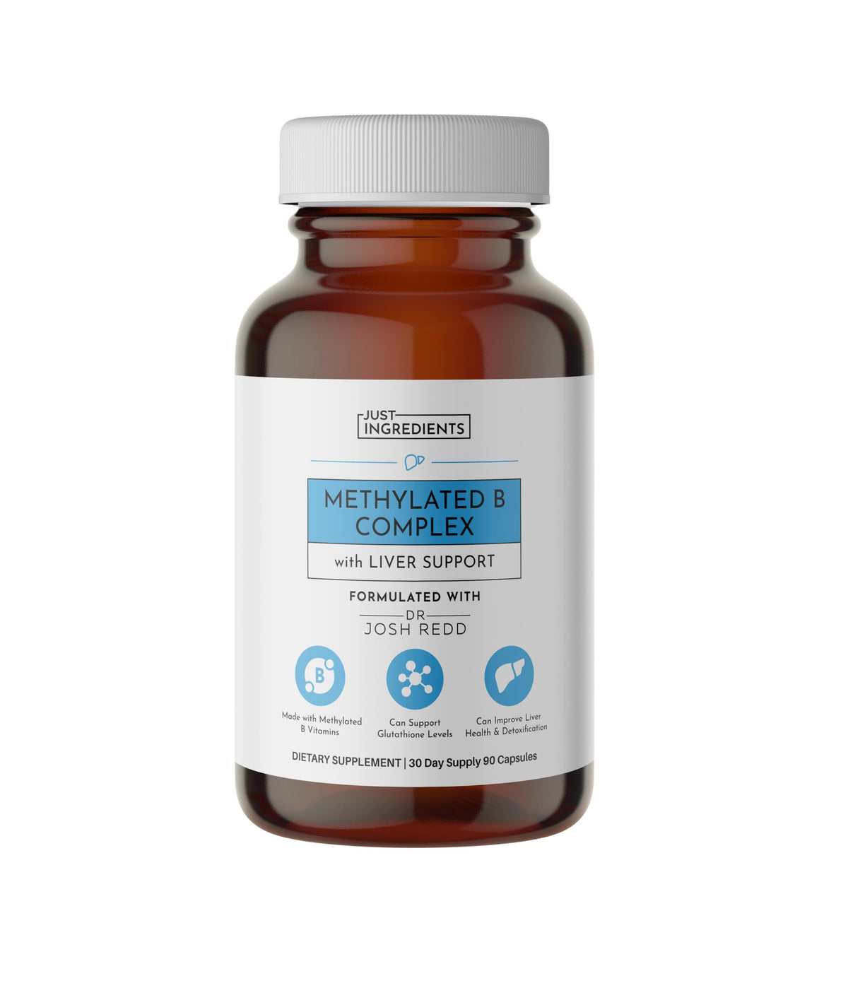 Just Ingredients Methylated B Complex bottle label showing energy support and detox potential.
