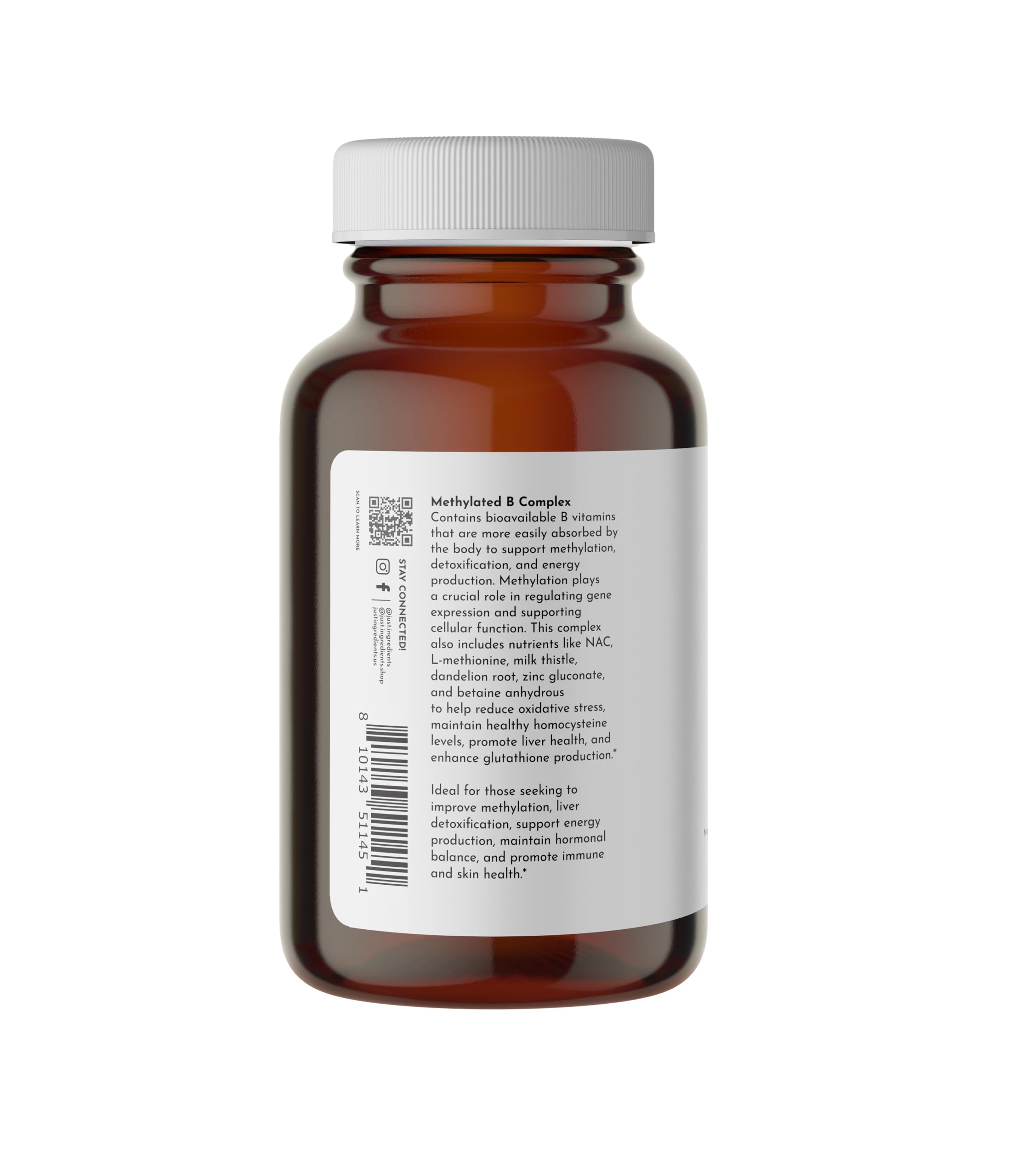 Closeup of Just Ingredients Methylated B Complex capsules for daily intake.