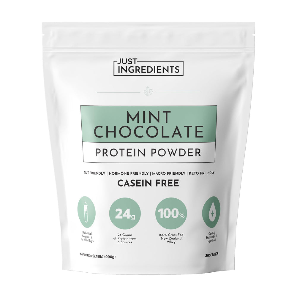 JUST INGREDIENTS Mint Chocolate Protein Powder bag front highlighting real cocoa and clean protein