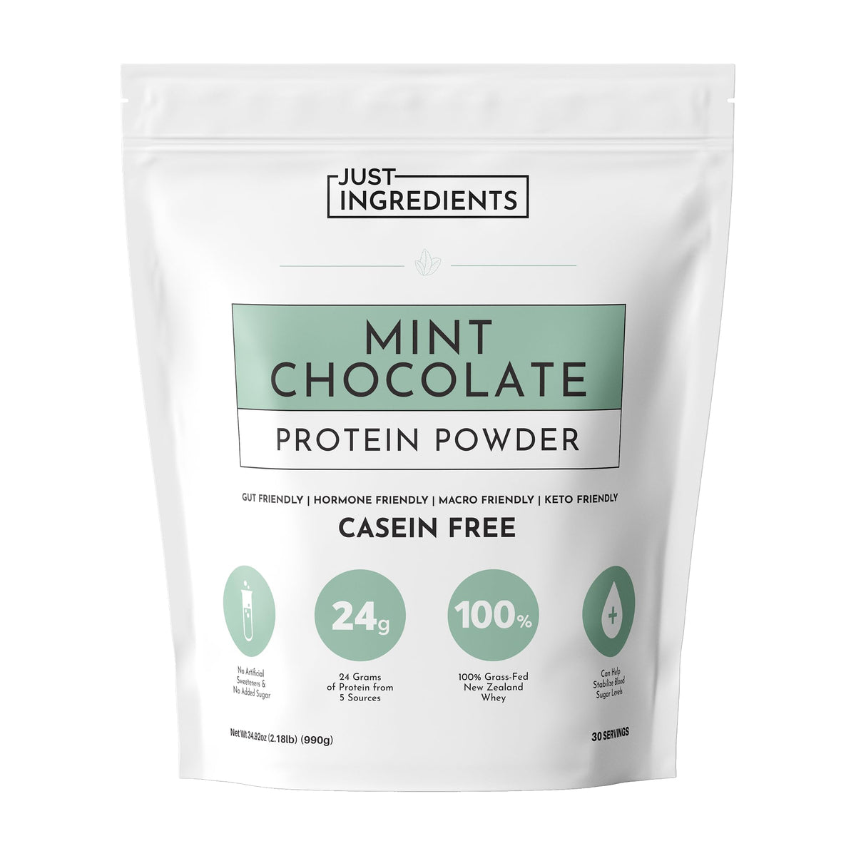 JUST INGREDIENTS Mint Chocolate Protein Powder bag front highlighting real cocoa and clean protein