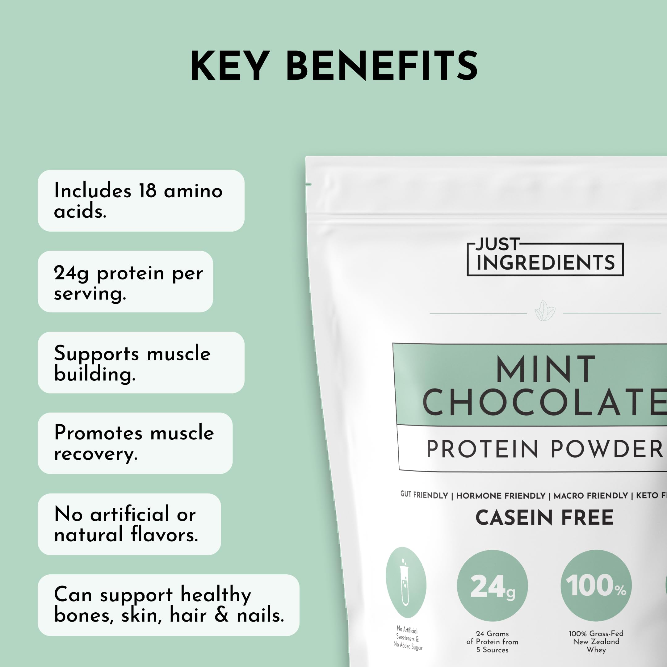 JUST INGREDIENTS Mint Chocolate Protein Powder mixing glass ready to blend