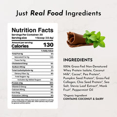 JUST INGREDIENTS Mint Chocolate Protein Powder scoop showing creamy shake potential