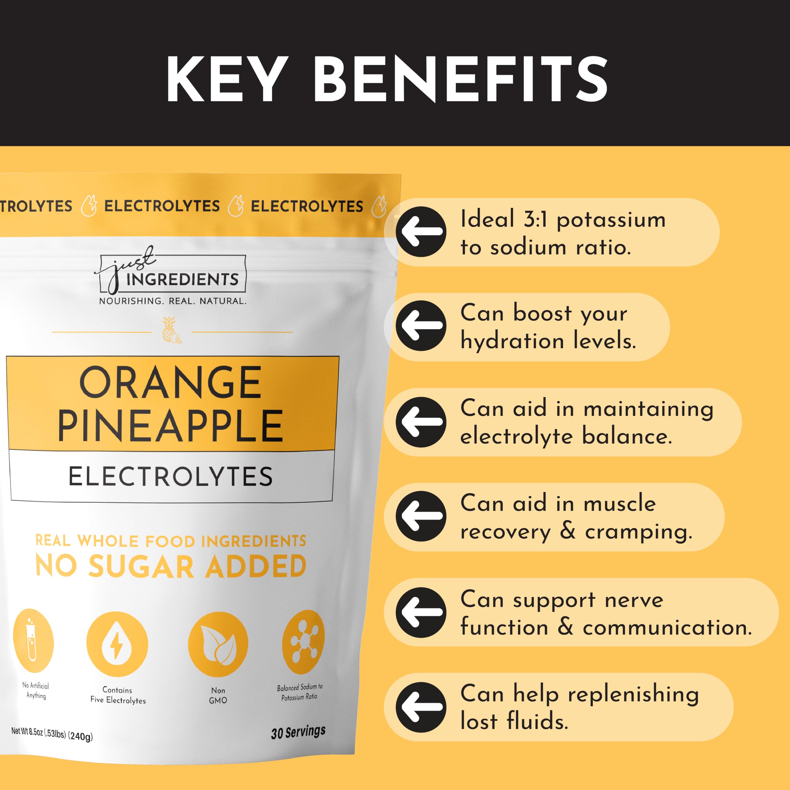 Coconut water and orange pineapple Electrolytes portrait emphasizing mineral blend