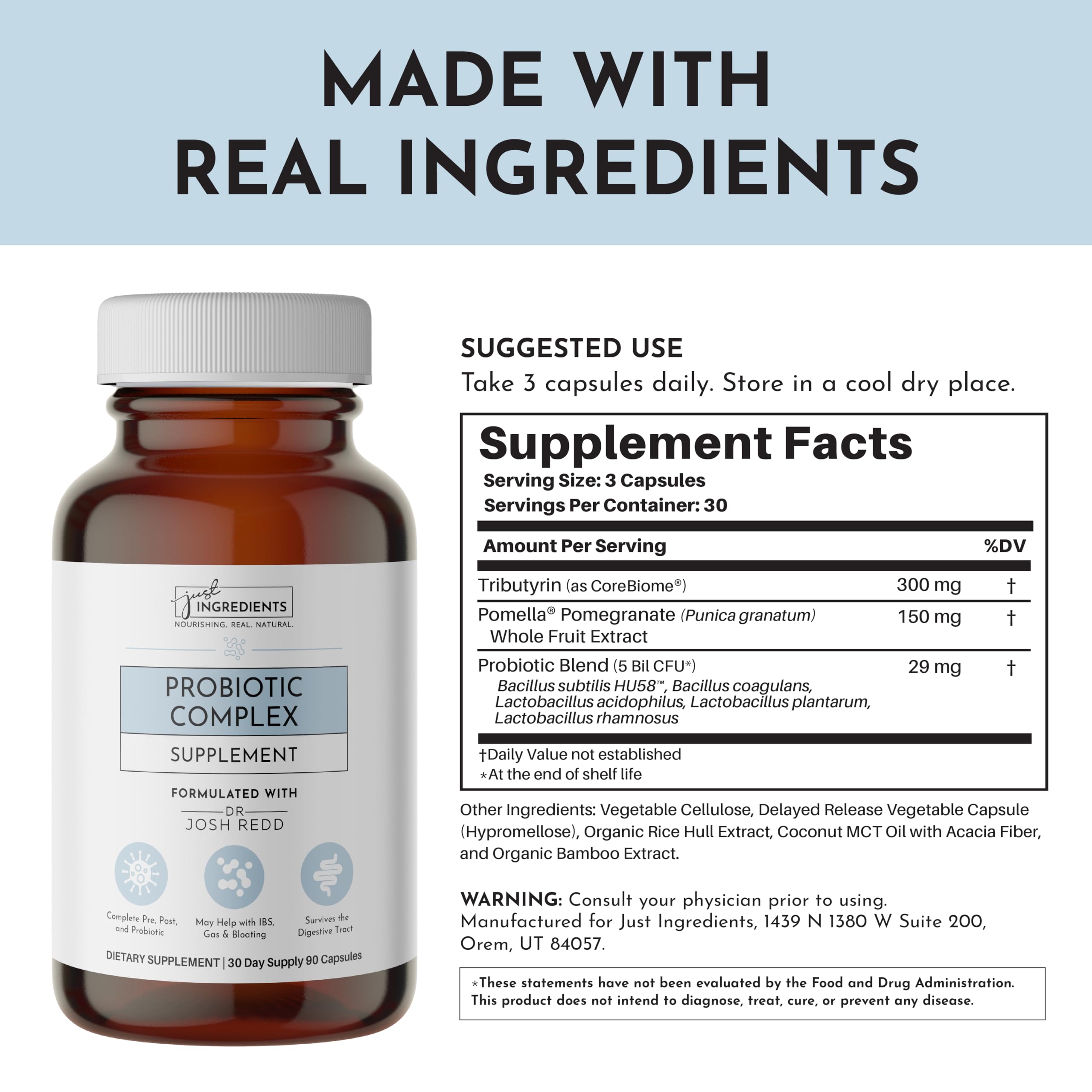 Just Ingredients Pomella Pomegranate Extract visual emphasizing antioxidant support for gut health.