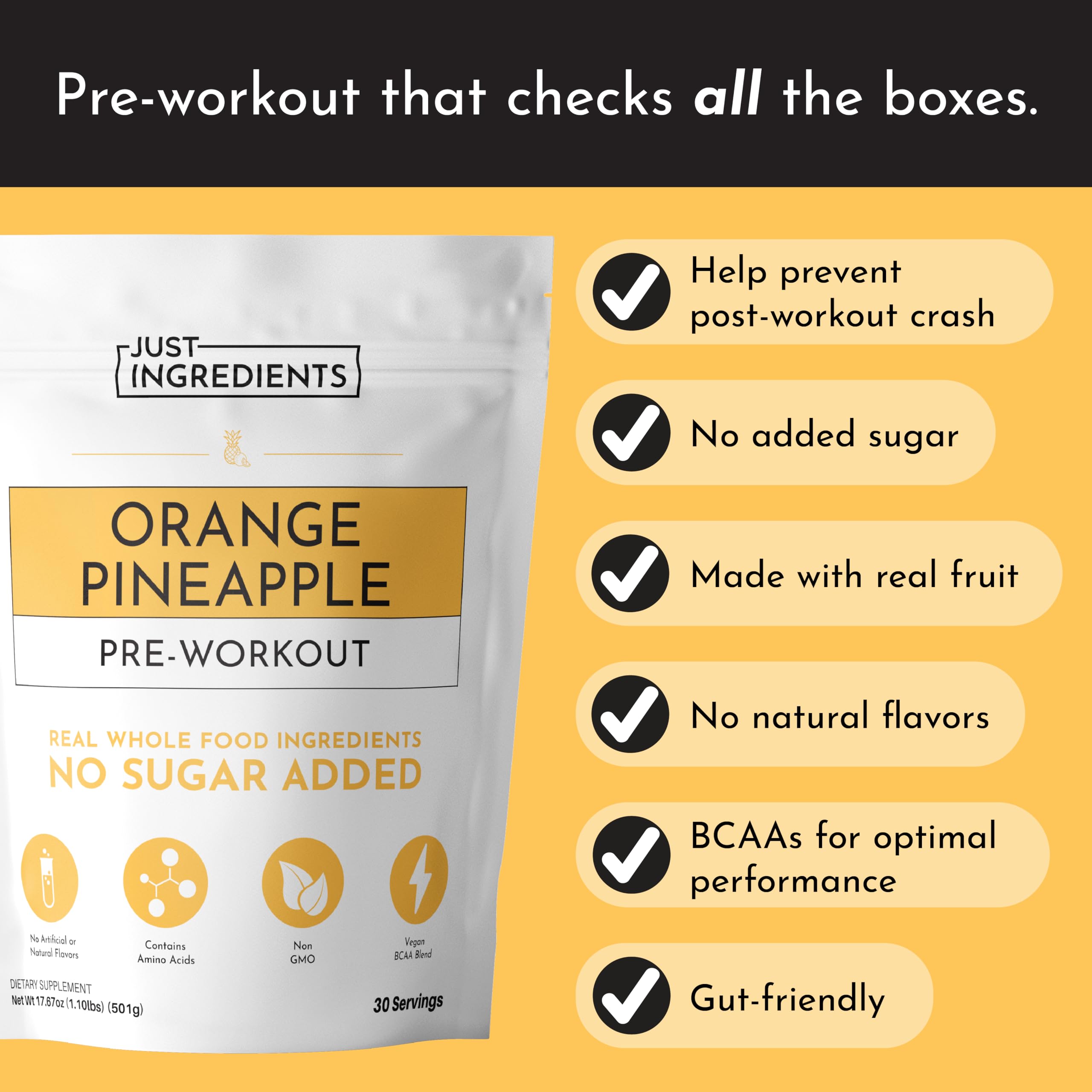 Just Ingredients Pre-Workout close-up of ingredients and formula on the label.