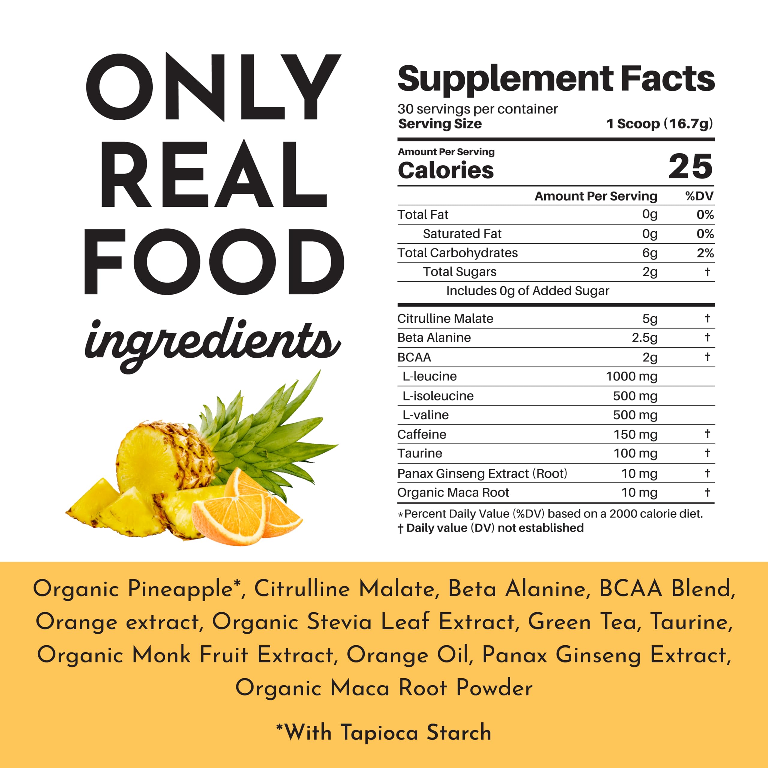 Just Ingredients Pre-Workout tub label highlights clean ingredients and transparency.