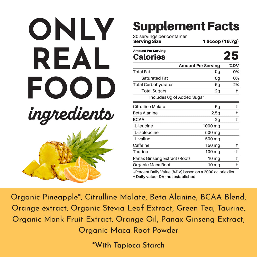 Just Ingredients Pre-Workout tub label highlights clean ingredients and transparency.