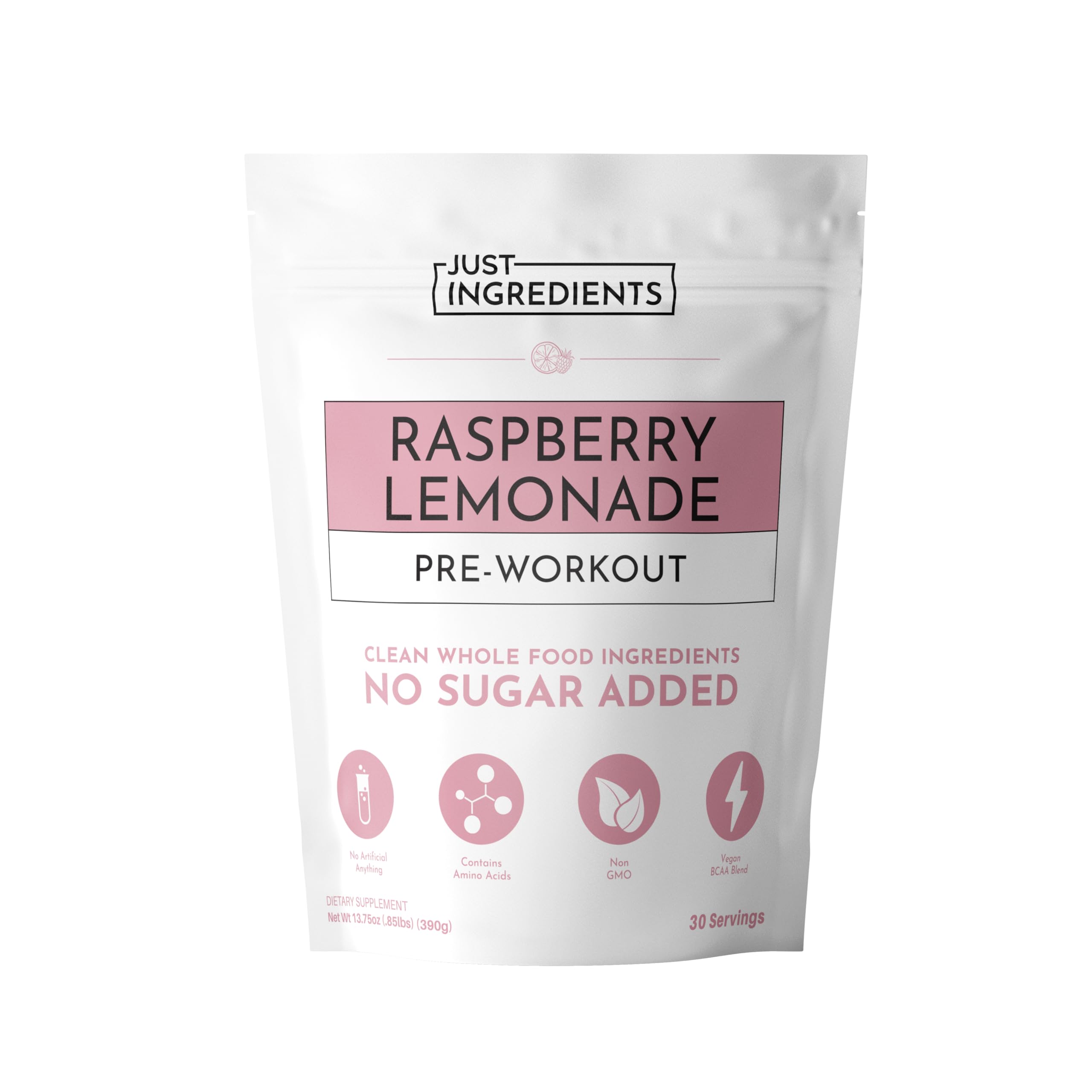 JUST INGREDIENTS Pre-Workout Raspberry Lemonade bottle ready for daily training energy