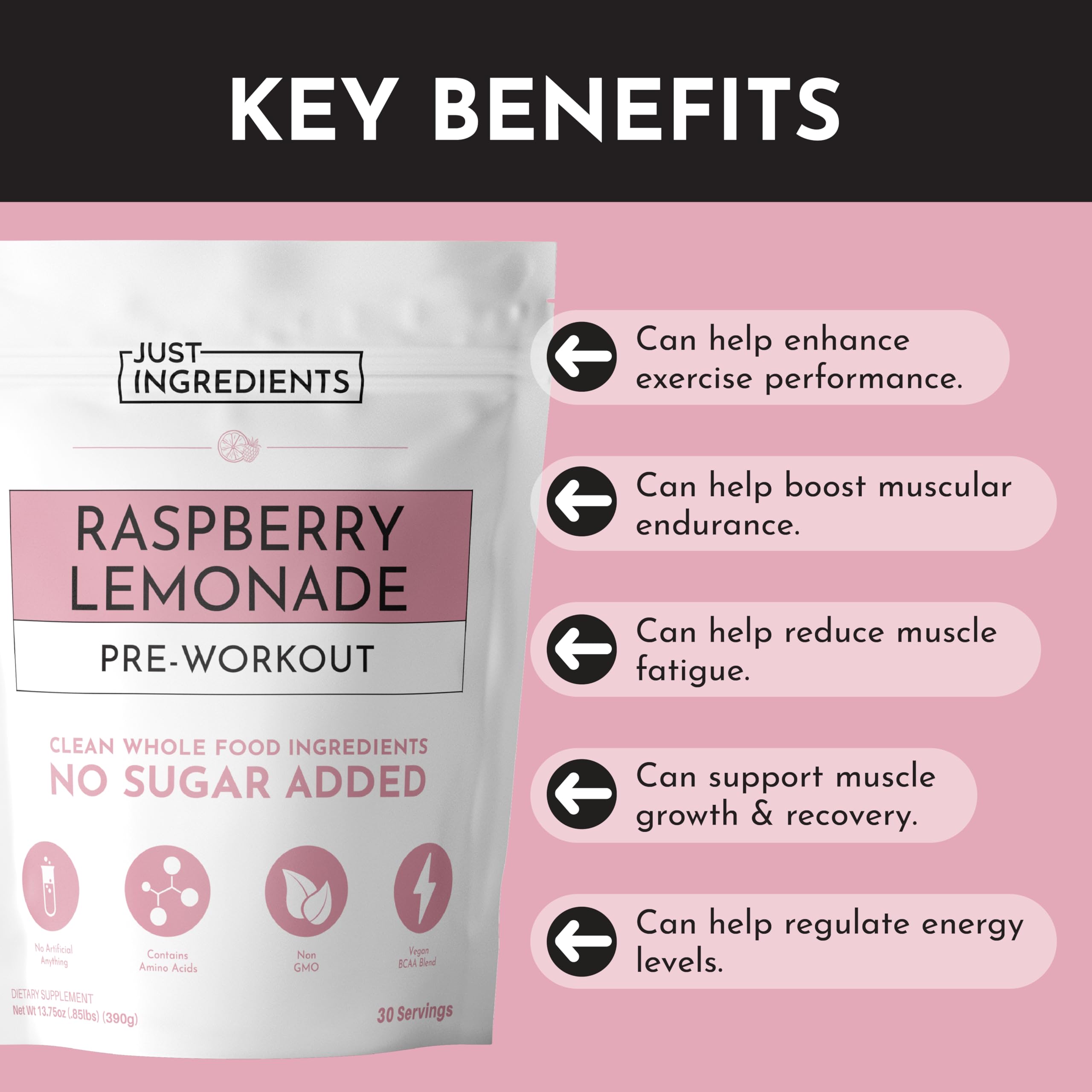 Just Ingredients pre-workout Raspberry Lemonade glass showing vibrant flavor