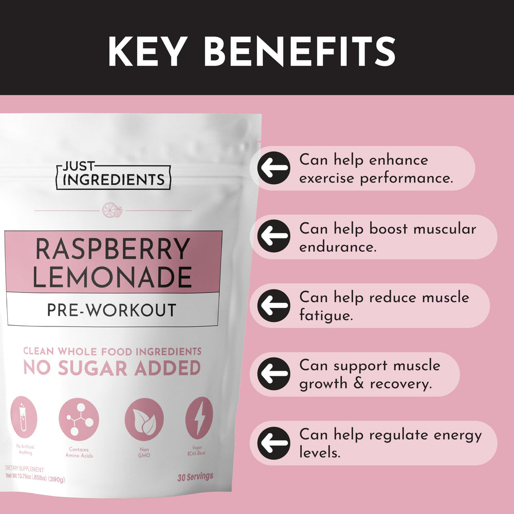 Just Ingredients pre-workout Raspberry Lemonade glass showing vibrant flavor