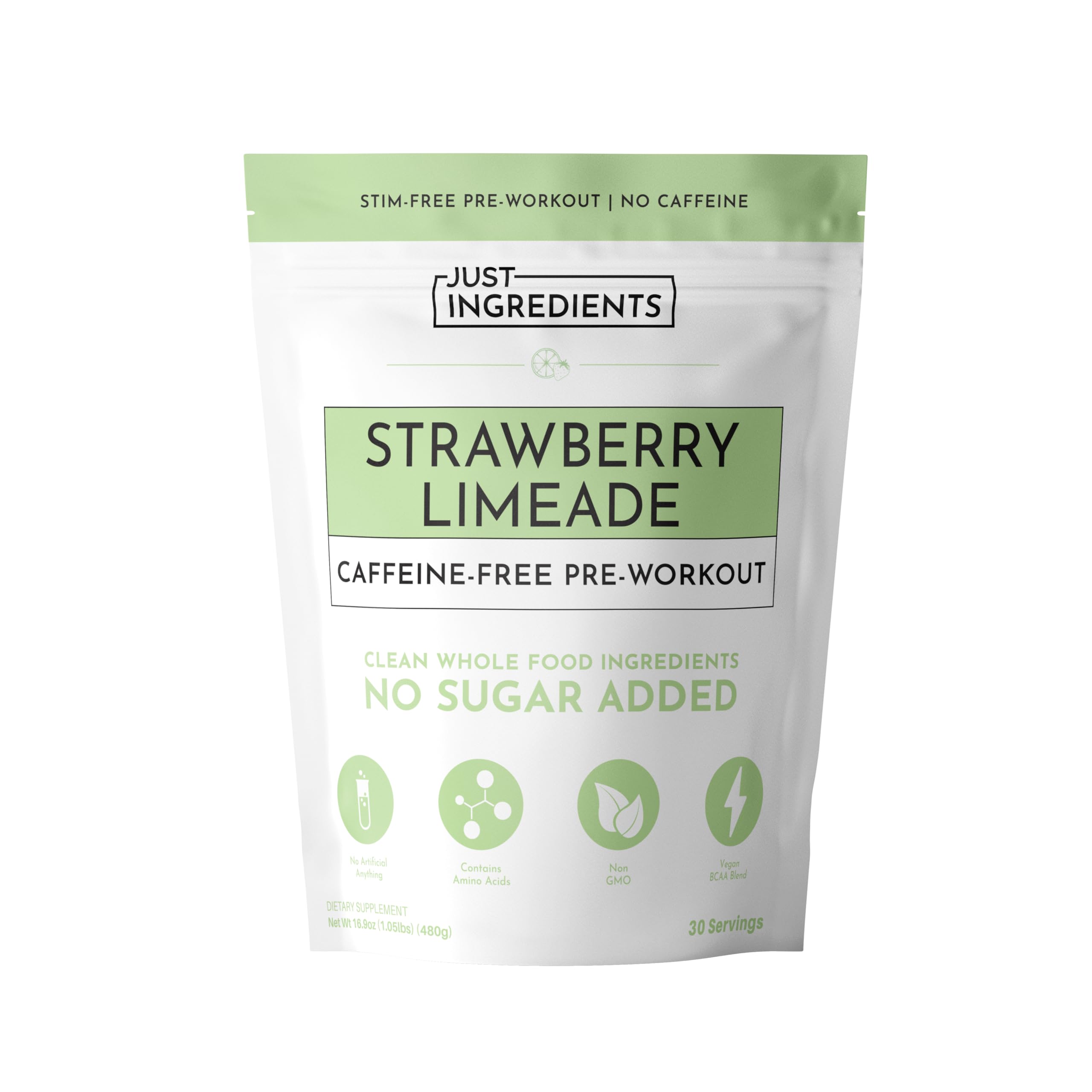 JUST INGREDIENTS pre-workout strawberry lemonade bottle showing clean energy for workouts