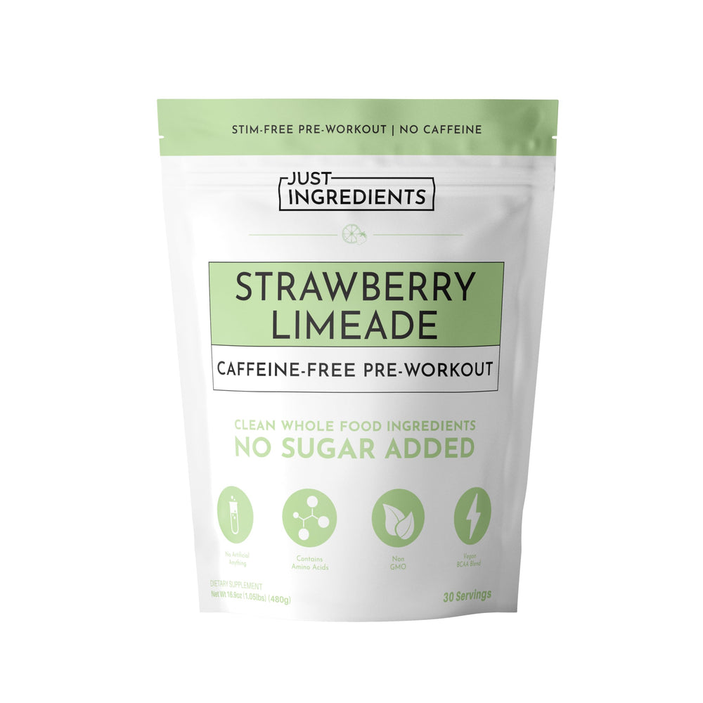 JUST INGREDIENTS pre-workout strawberry lemonade bottle showing clean energy for workouts