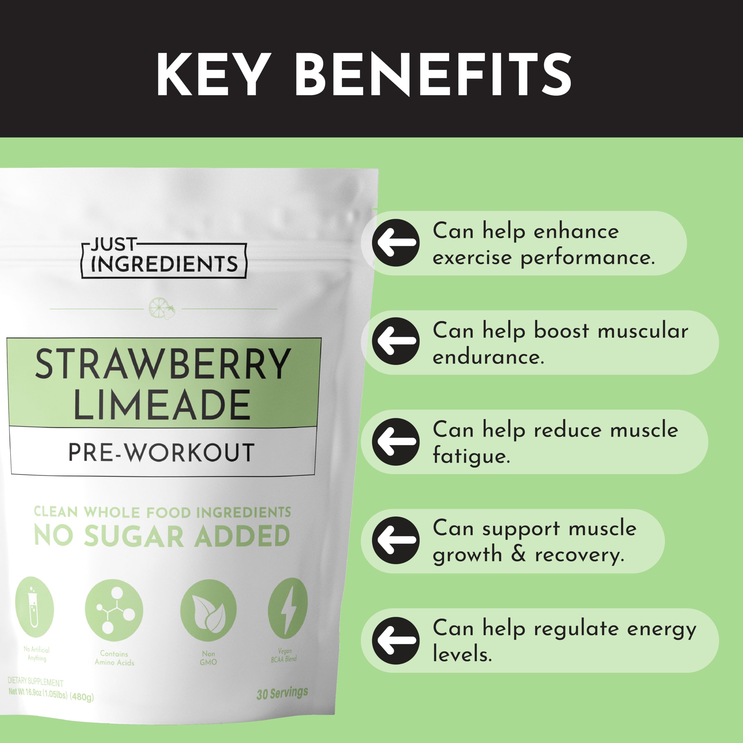 JUST INGREDIENTS Pre-Workout Strawberry Limeade mix dissolves smoothly in water.