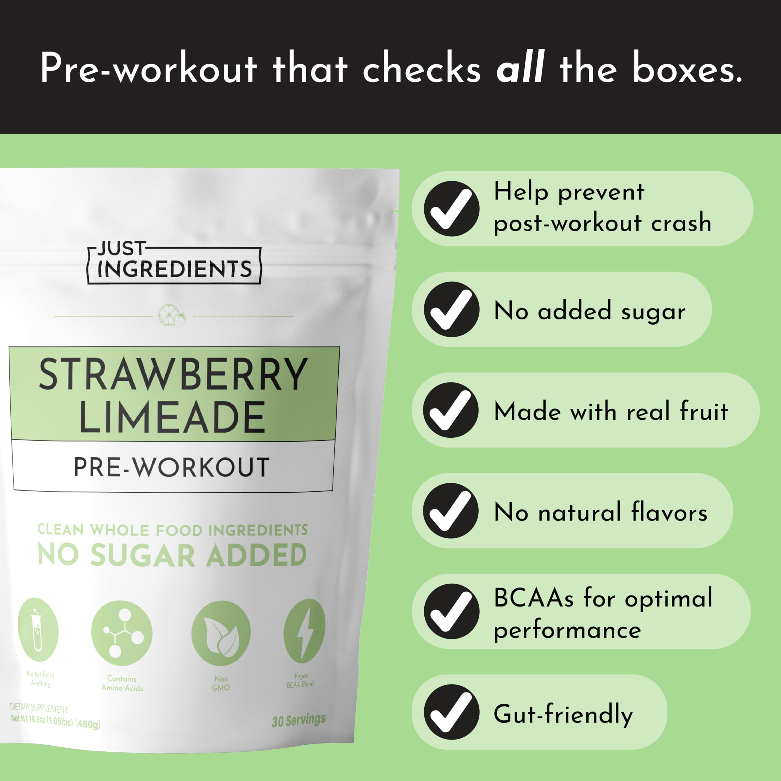 JUST INGREDIENTS Pre-Workout Strawberry Limeade scoop showcases a measured serving.
