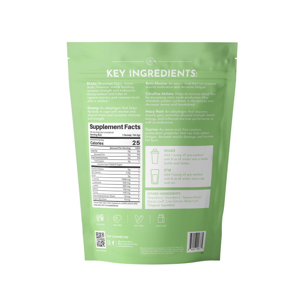 JUST INGREDIENTS Pre-Workout Strawberry Limeade tub label highlights transparent, gluten-free labeling.
