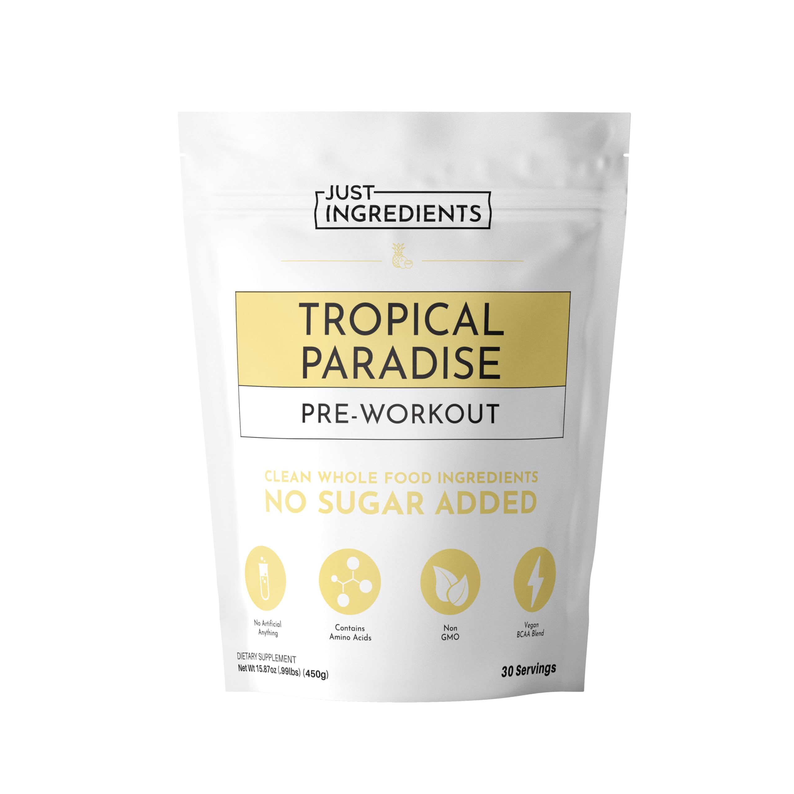 JUST INGREDIENTS Pre-Workout Tropical Paradise bottle for energized workouts with clean ingredients