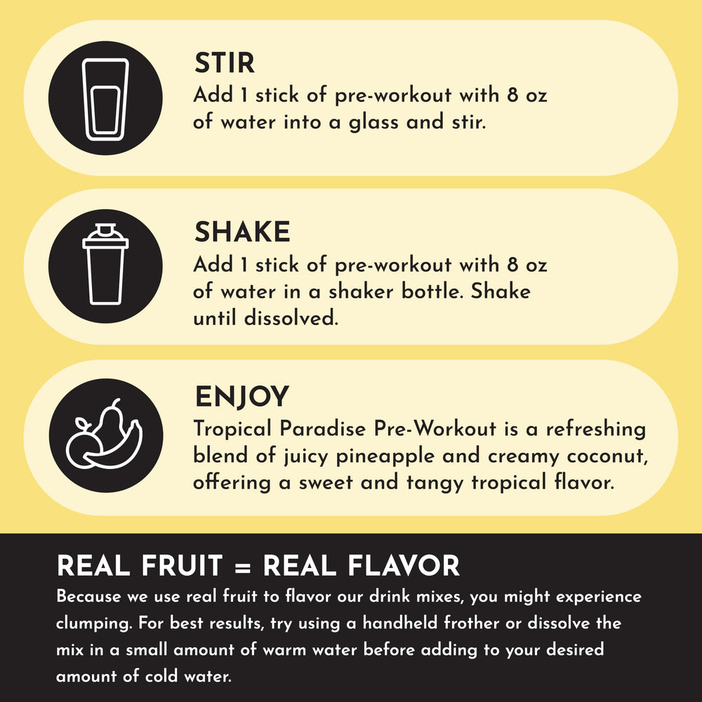 JUST INGREDIENTS Pre-Workout Tropical Paradise featuring ginseng and maca roots for balanced energy