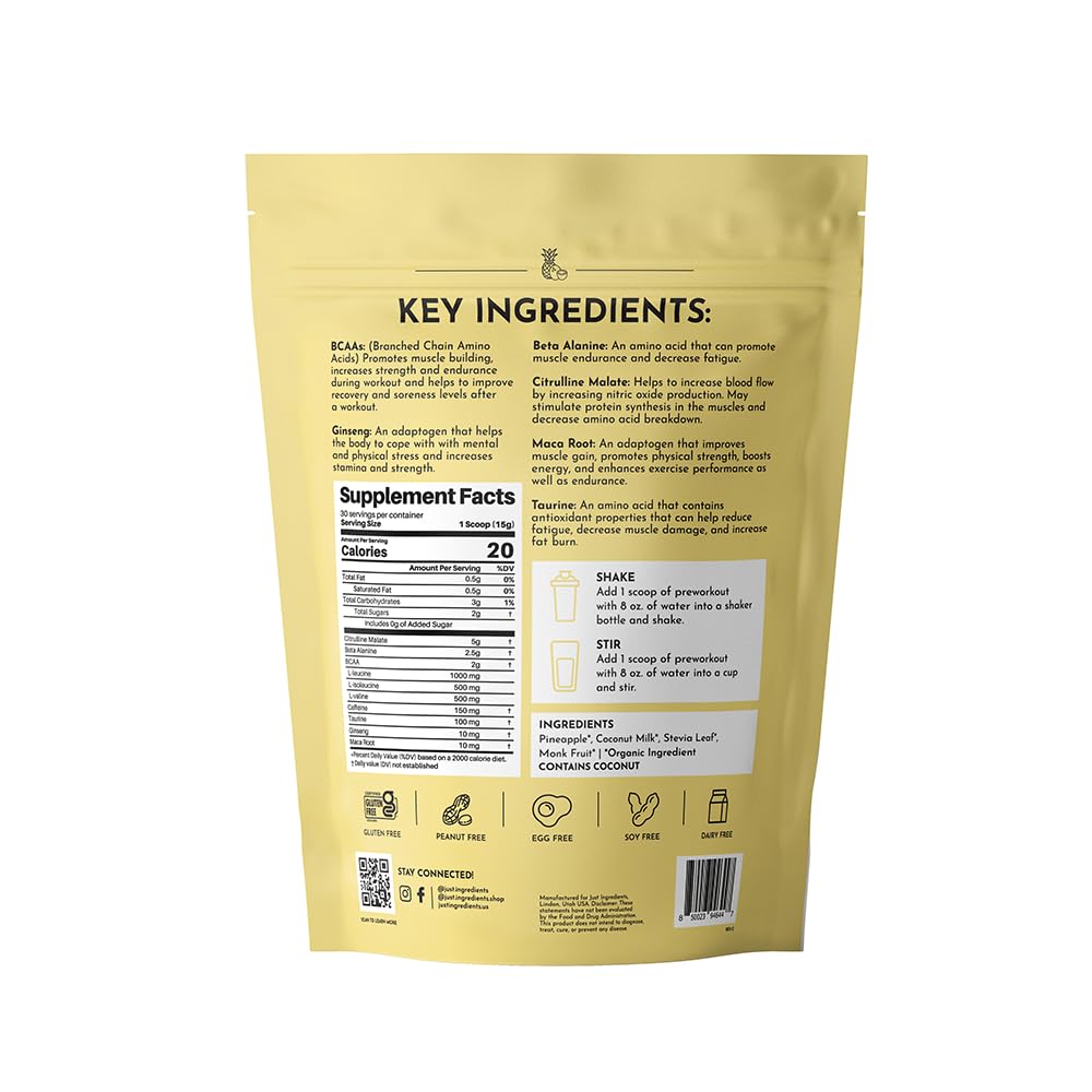 JUST INGREDIENTS Pre-Workout Tropical Paradise label closeup emphasizing no artificial additives