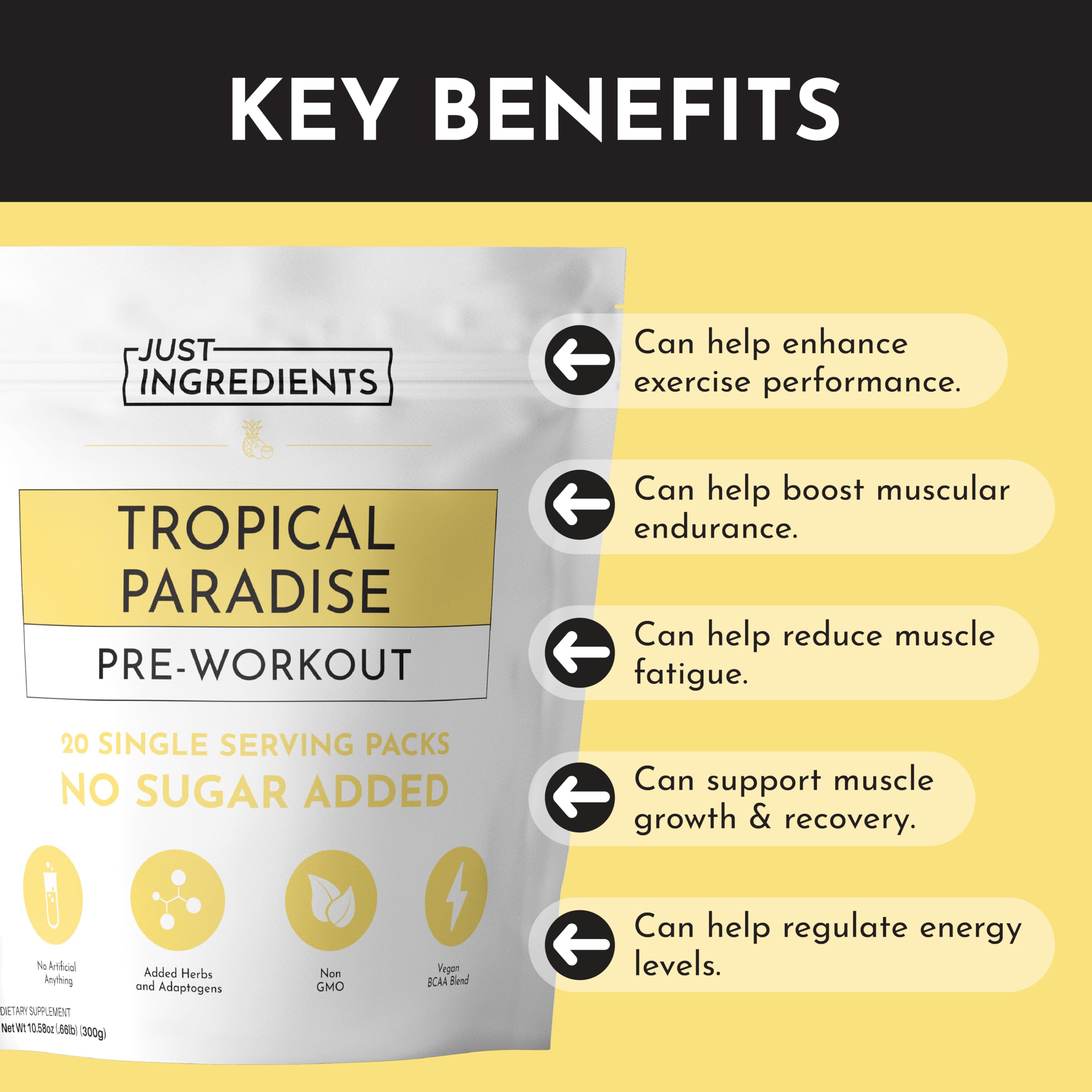 JUST INGREDIENTS Pre-Workout Tropical Paradise powder scoop ready to mix for stamina