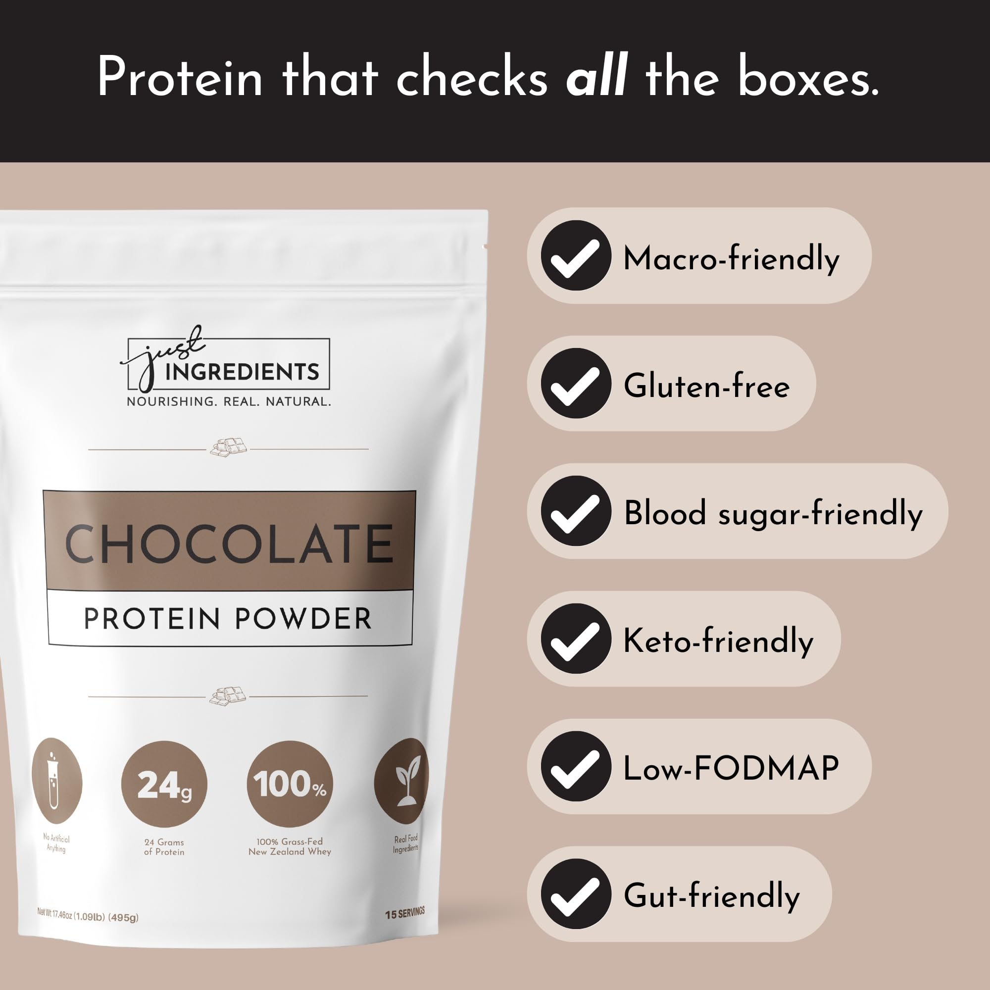 JUST INGREDIENTS Protein Powder Chocolate back-of-label highlights gluten-free ingredients
