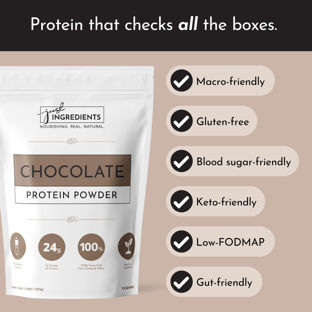 JUST INGREDIENTS Protein Powder Chocolate back-of-label highlights gluten-free ingredients