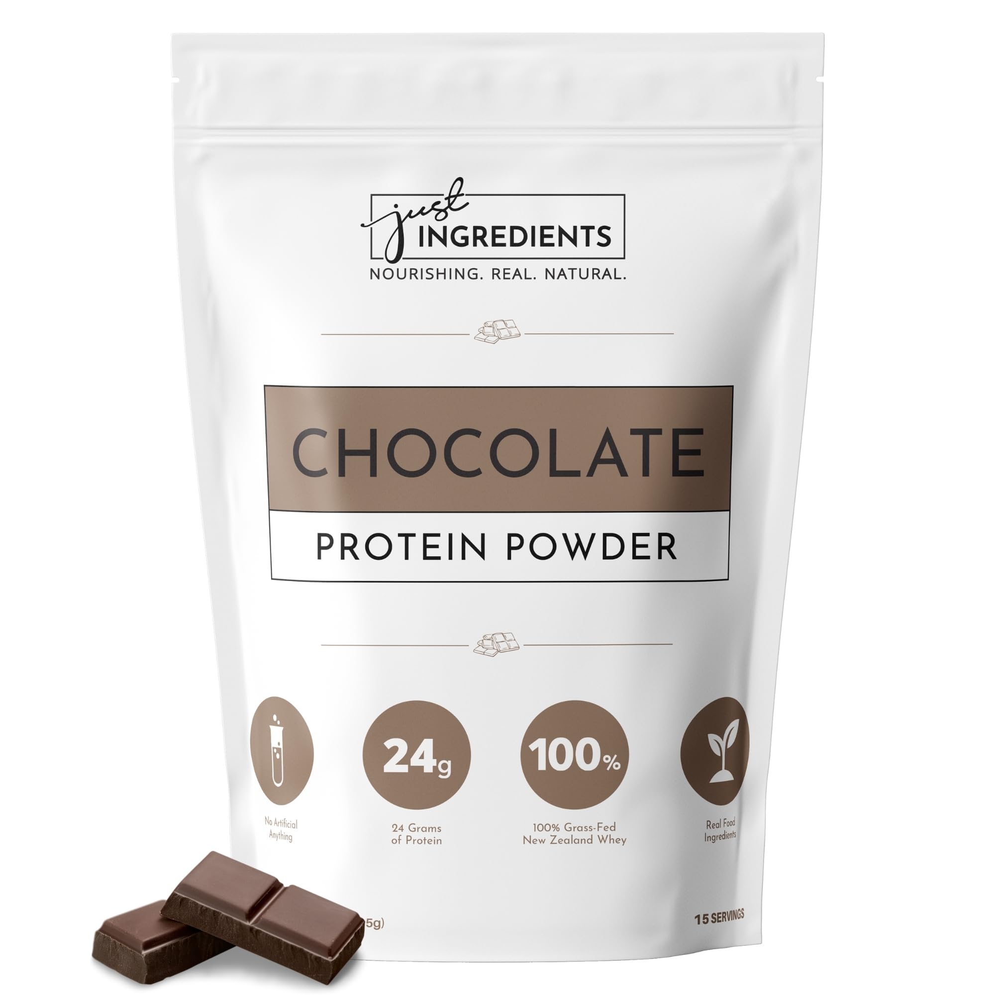 JUST INGREDIENTS Protein Powder Chocolate in a jar showing grass-fed whey for clean protein