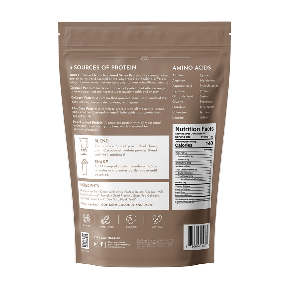 JUST INGREDIENTS Protein Powder Chocolate ready-to-drink mug suggests convenient on-the-go option