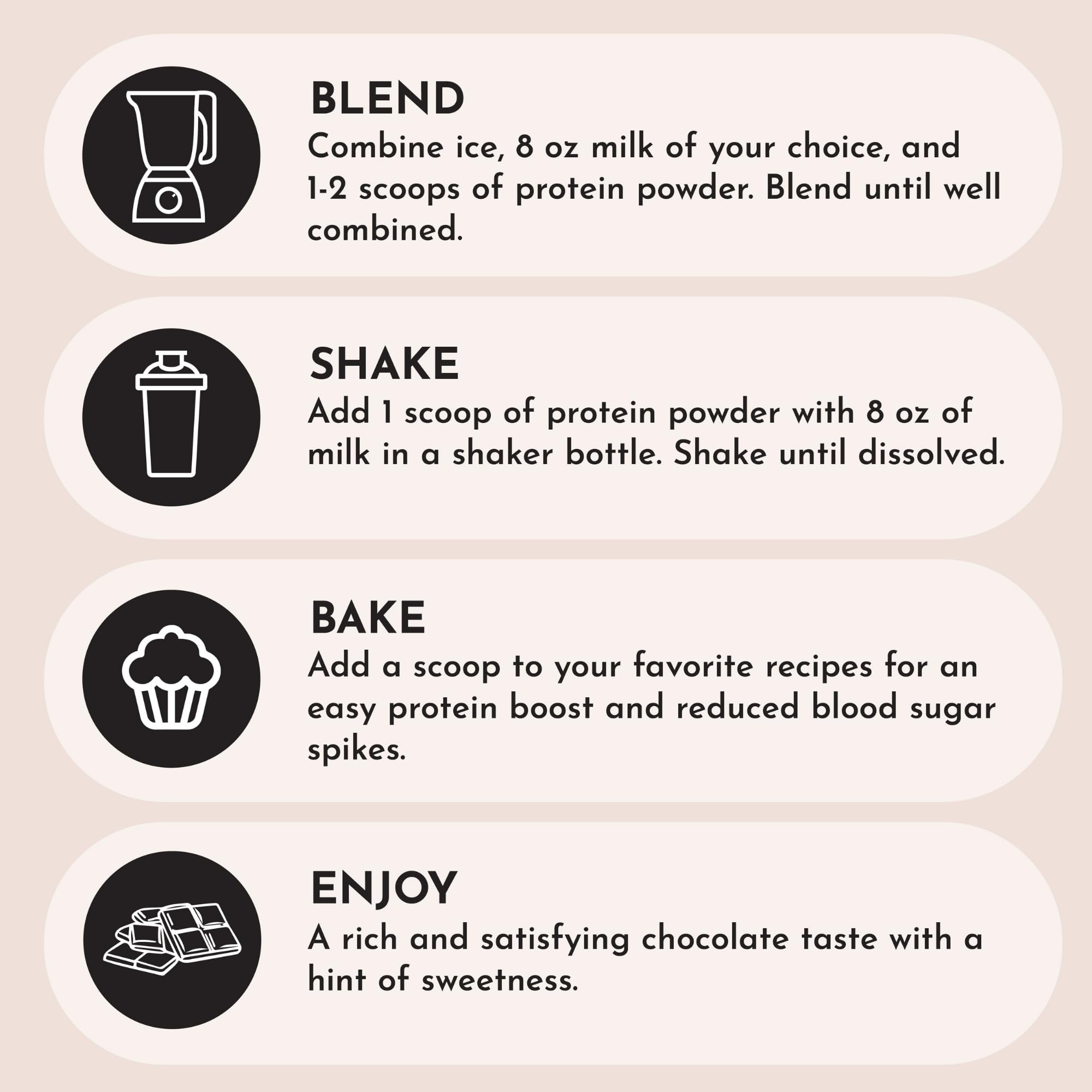 JUST INGREDIENTS Protein Powder Chocolate scoop beside bowl emphasizes precise serving