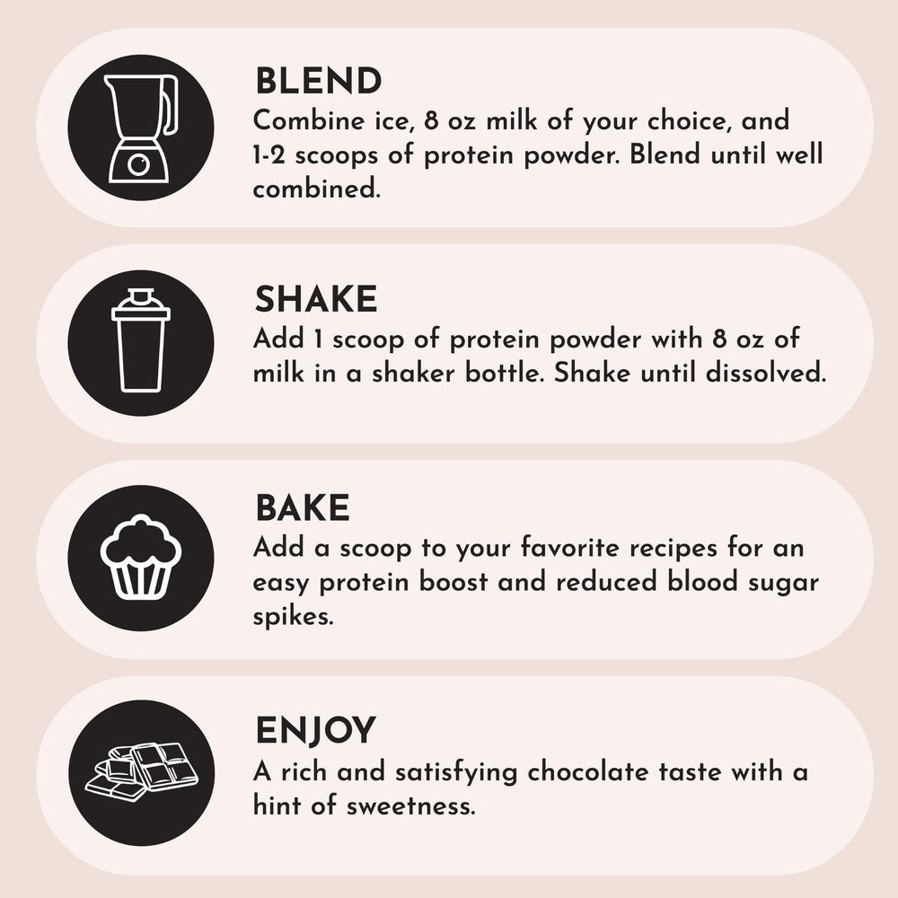 JUST INGREDIENTS Protein Powder Chocolate scoop beside bowl emphasizes precise serving