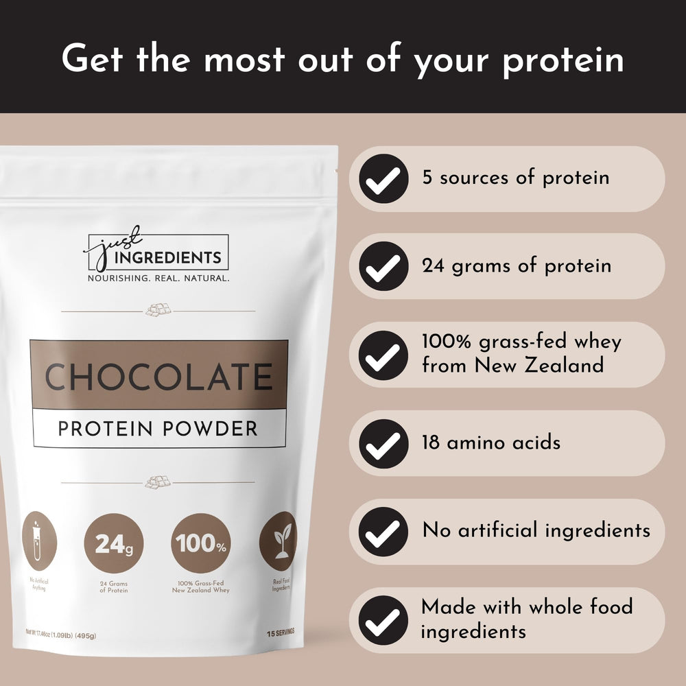 JUST INGREDIENTS Protein Powder Chocolate shake being blended demonstrates versatile use in smoothies