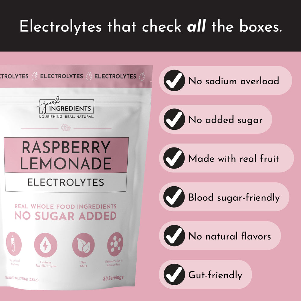 Just Ingredients Raspberry Lemonade Electrolytes packaging back explains clean ingredients.