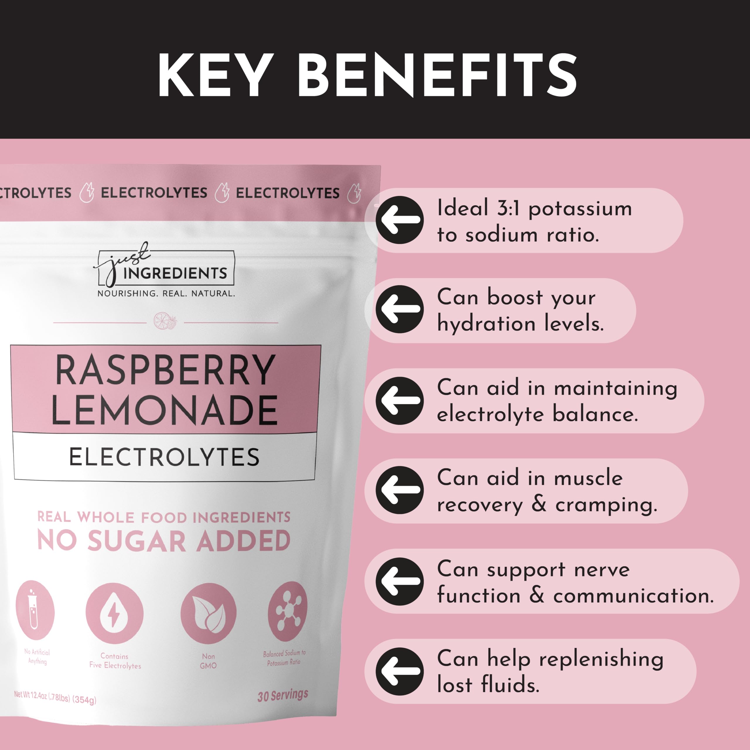 Just Ingredients Raspberry Lemonade Electrolytes powder in glass shows crisp hydration.