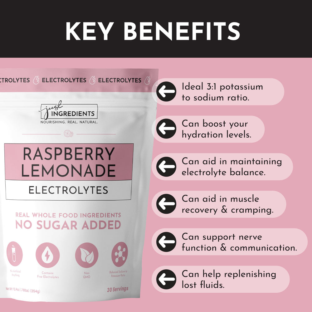 Just Ingredients Raspberry Lemonade Electrolytes powder in glass shows crisp hydration.