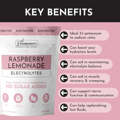 Just Ingredients Raspberry Lemonade Electrolytes powder in glass shows crisp hydration.