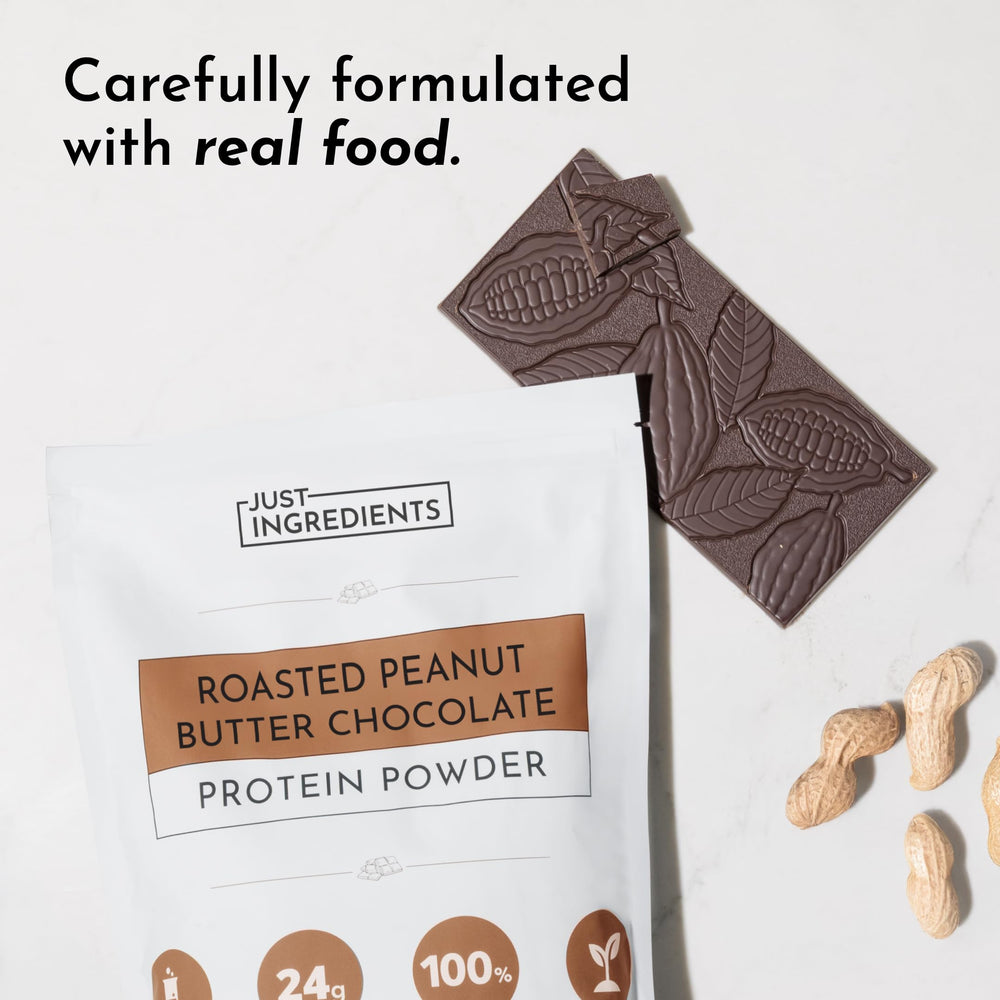 JUST INGREDIENTS Roasted Peanut Butter Chocolate Protein Powder ingredients closeup showing grass-fed whey