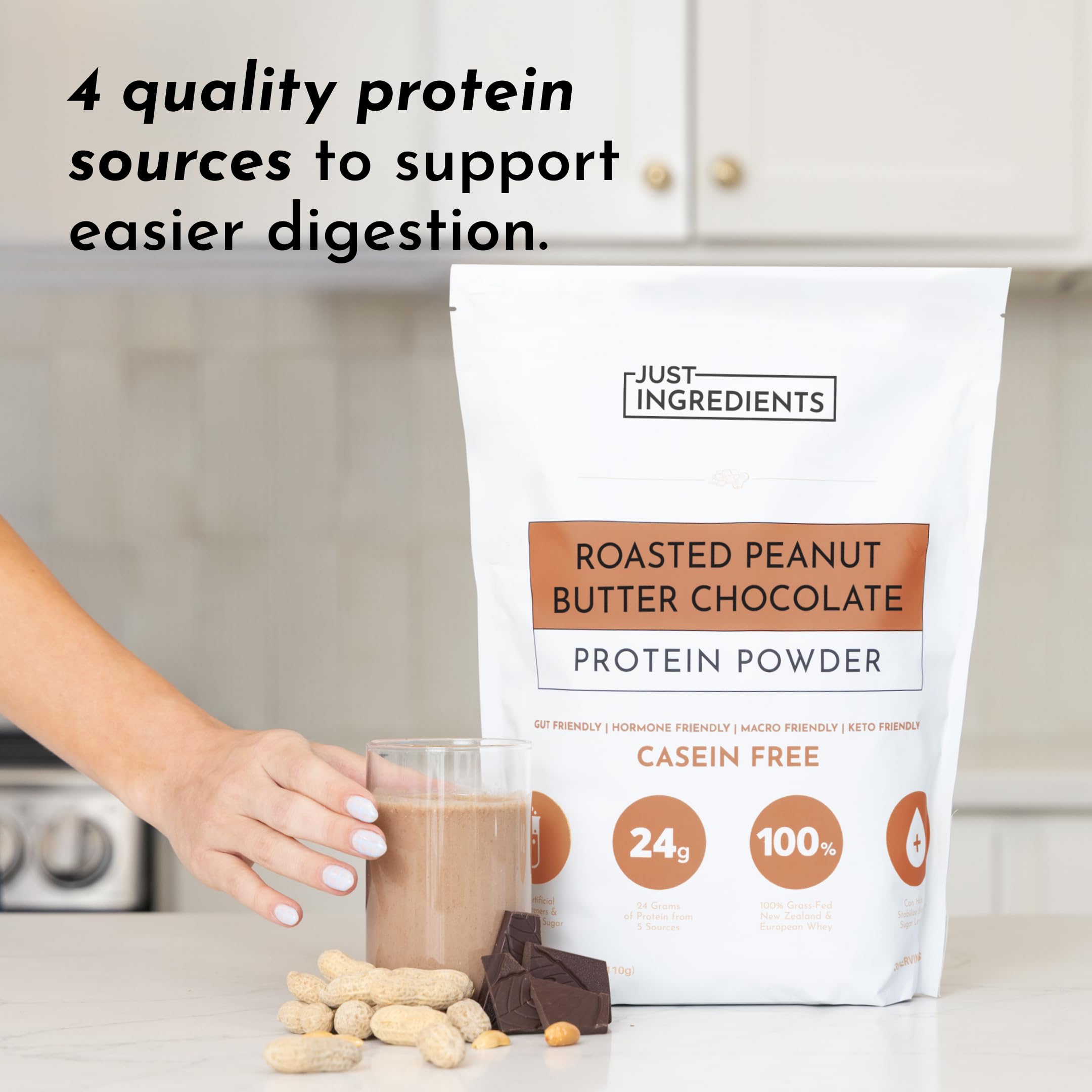 JUST INGREDIENTS Roasted Peanut Butter Chocolate Protein Powder nutrition label for transparency