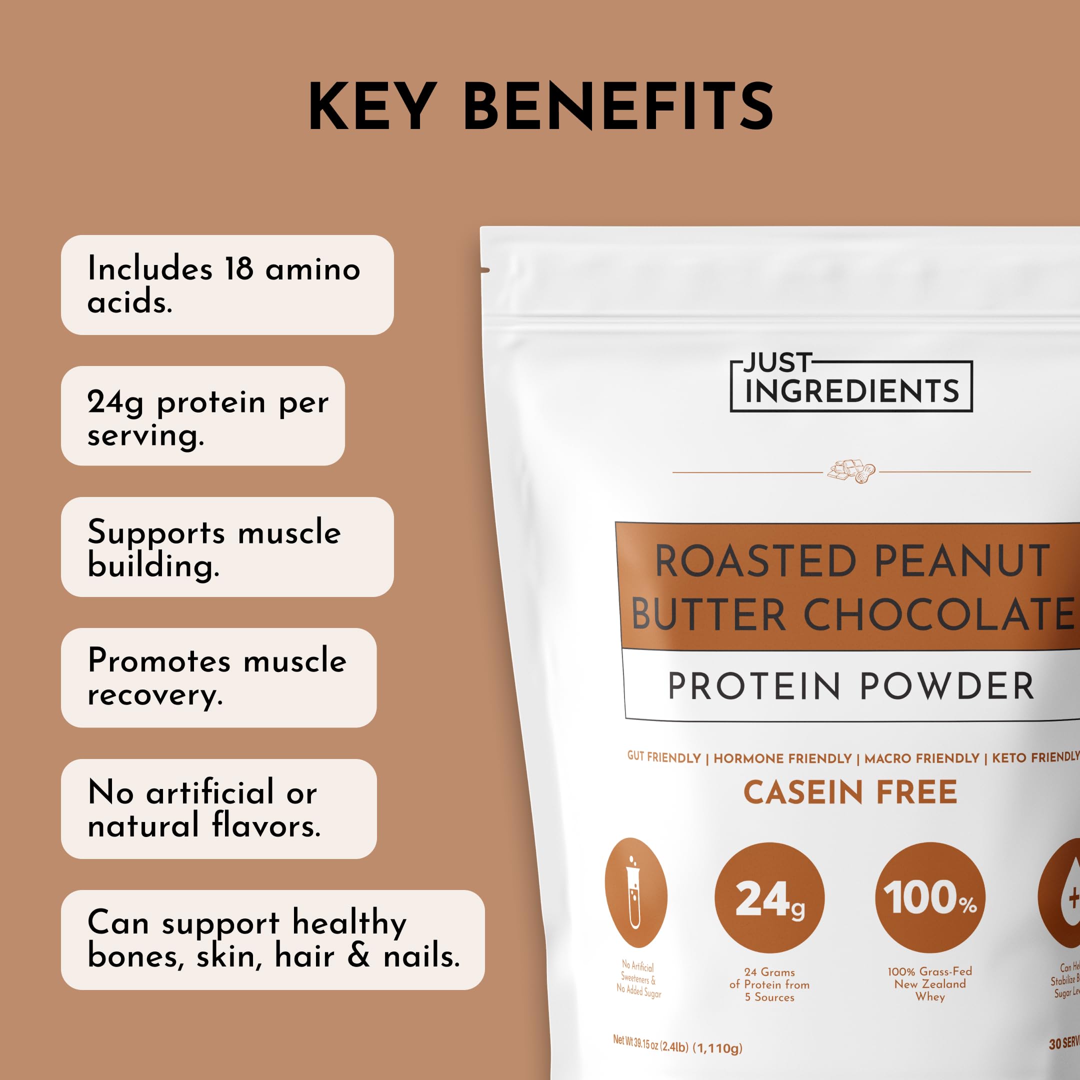 JUST INGREDIENTS Roasted Peanut Butter Chocolate Protein Powder shake glass with cocoa aroma