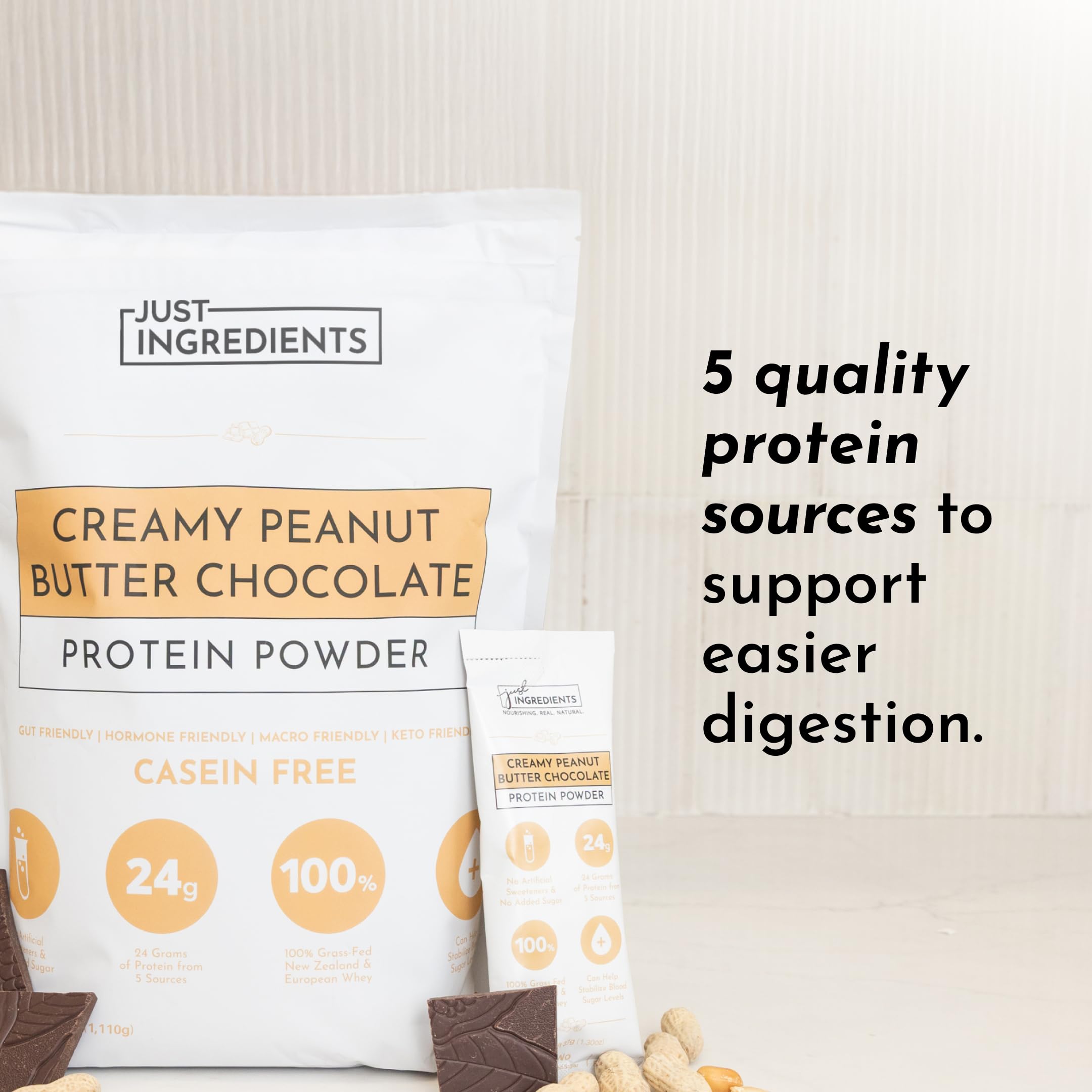 JUST INGREDIENTS creamy shake poured into glass shows dessert-like flavor.