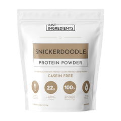 JUST INGREDIENTS Snickerdoodle protein powder tub front for shakes and baking