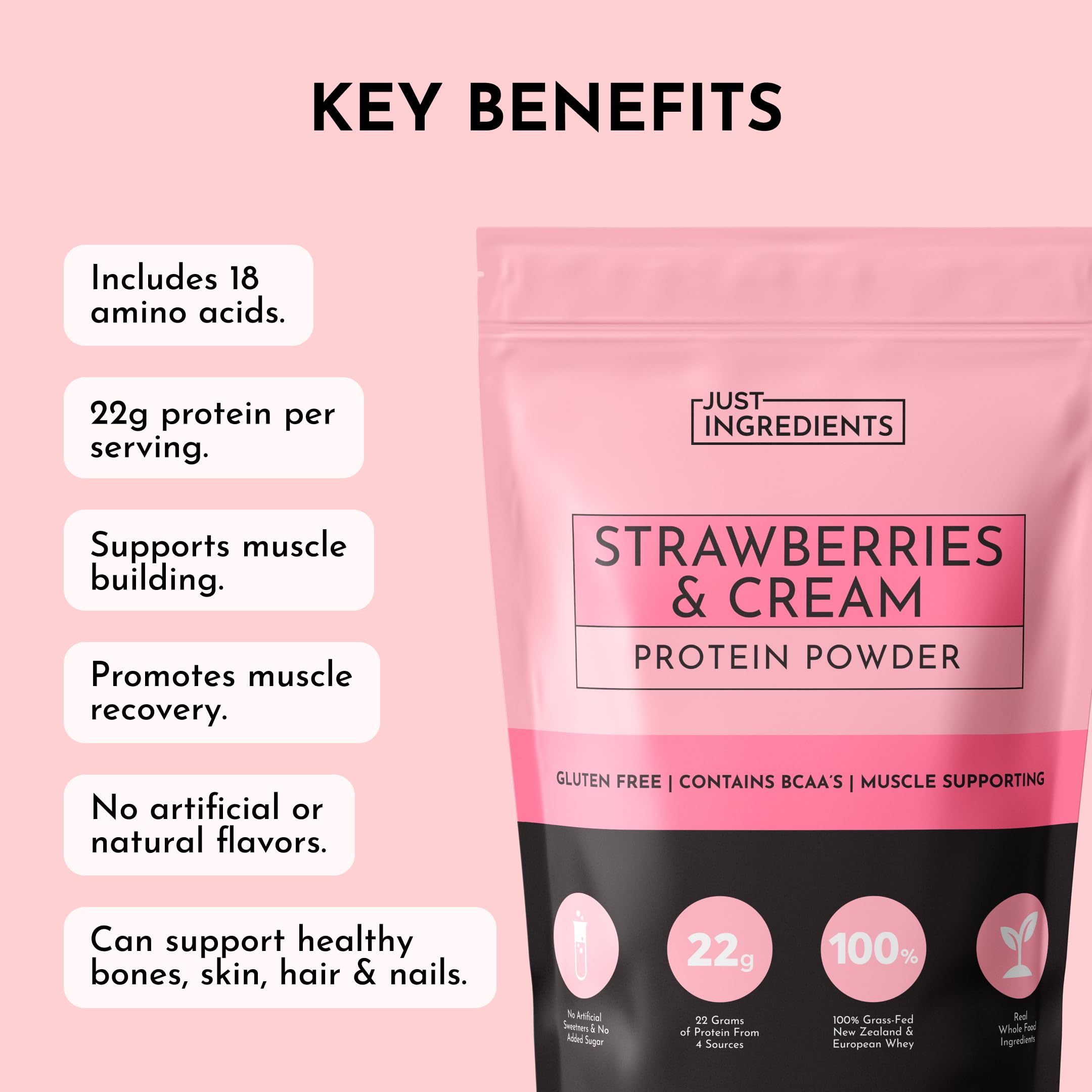 JUST INGREDIENTS Strawberries and Cream shake poured into a glass suggests easy daily support