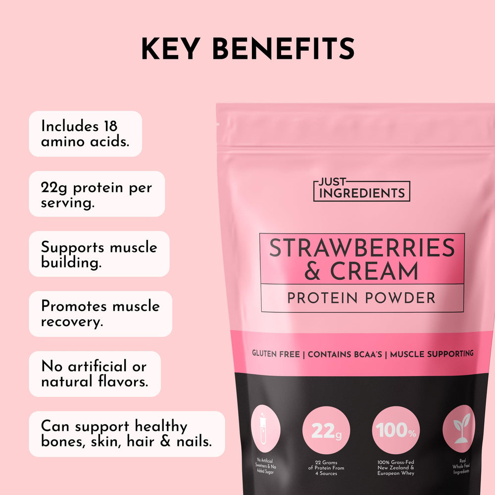 JUST INGREDIENTS Strawberries and Cream shake poured into a glass suggests easy daily support