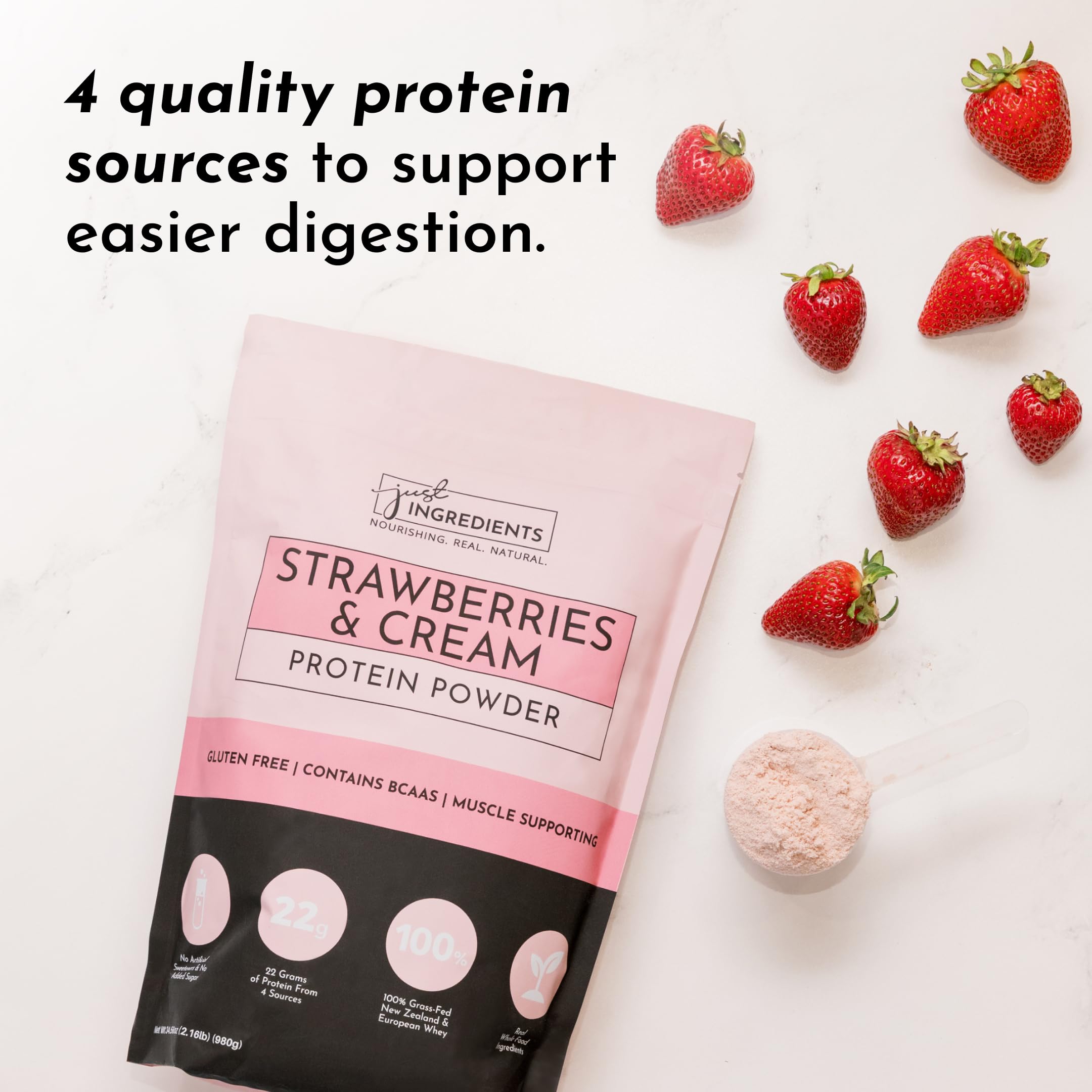 JUST INGREDIENTS Strawberries and Cream powder stirred into oats for a protein-rich breakfast