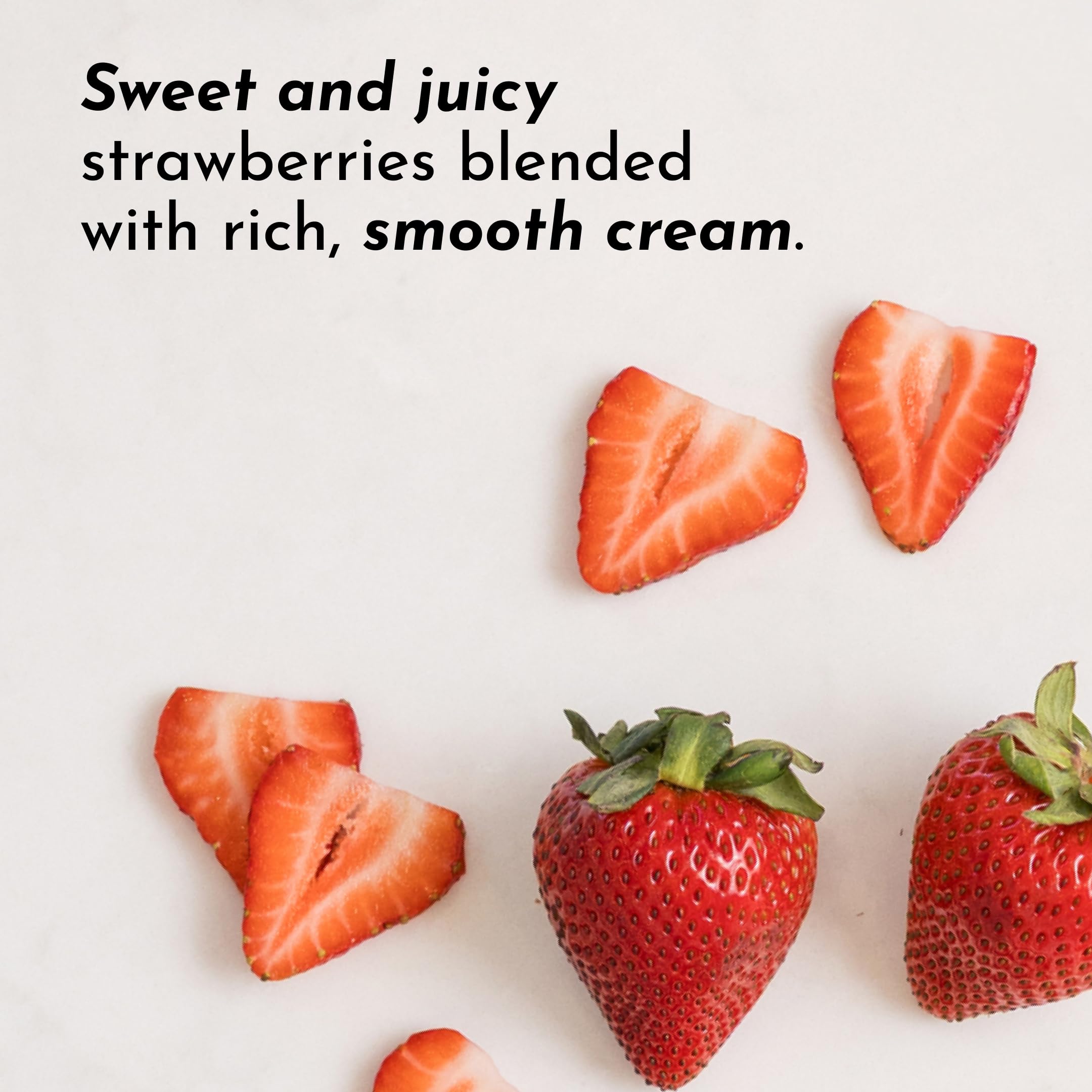 JUST INGREDIENTS Strawberries and Cream bottle label close-up emphasizes transparent ingredients and sourcing