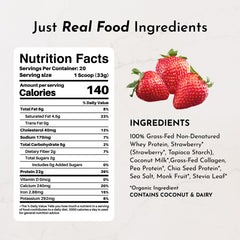 JUST INGREDIENTS Strawberries and Cream protein powder scoop shows convenient serving for shakes