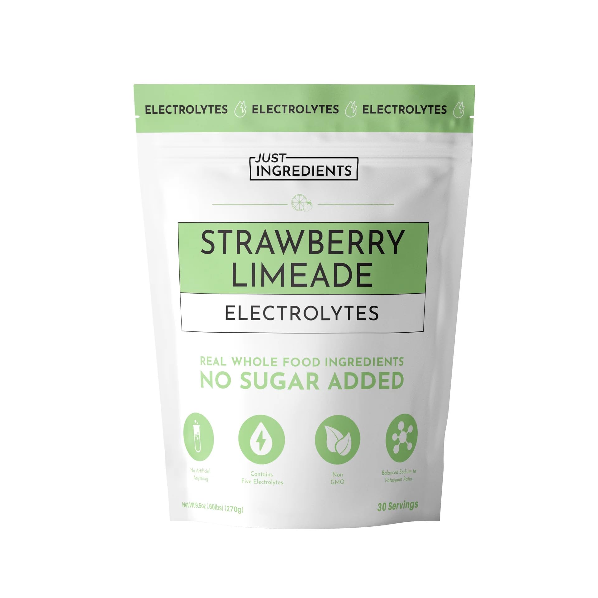 JUST INGREDIENTS Strawberry Limeade electrolytes bottle pour for refreshing hydration on the go.
