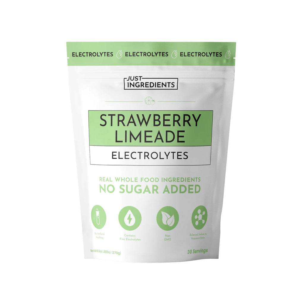 JUST INGREDIENTS Strawberry Limeade electrolytes bottle pour for refreshing hydration on the go.