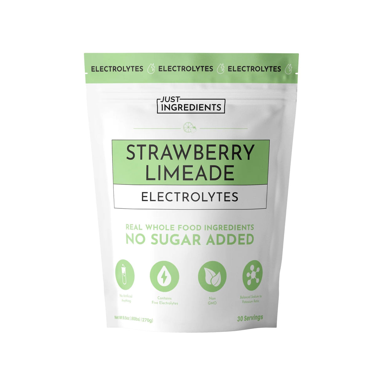 JUST INGREDIENTS Strawberry Limeade electrolytes bottle pour for refreshing hydration on the go.