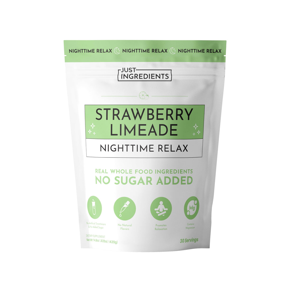JUST INGREDIENTS Strawberry Limeade Nighttime Relax bottle shows travel-friendly sleep support.