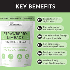 JUST INGREDIENTS Strawberry Limeade Nighttime Relax flavor close, ideal for soothing pre-bed ritual.