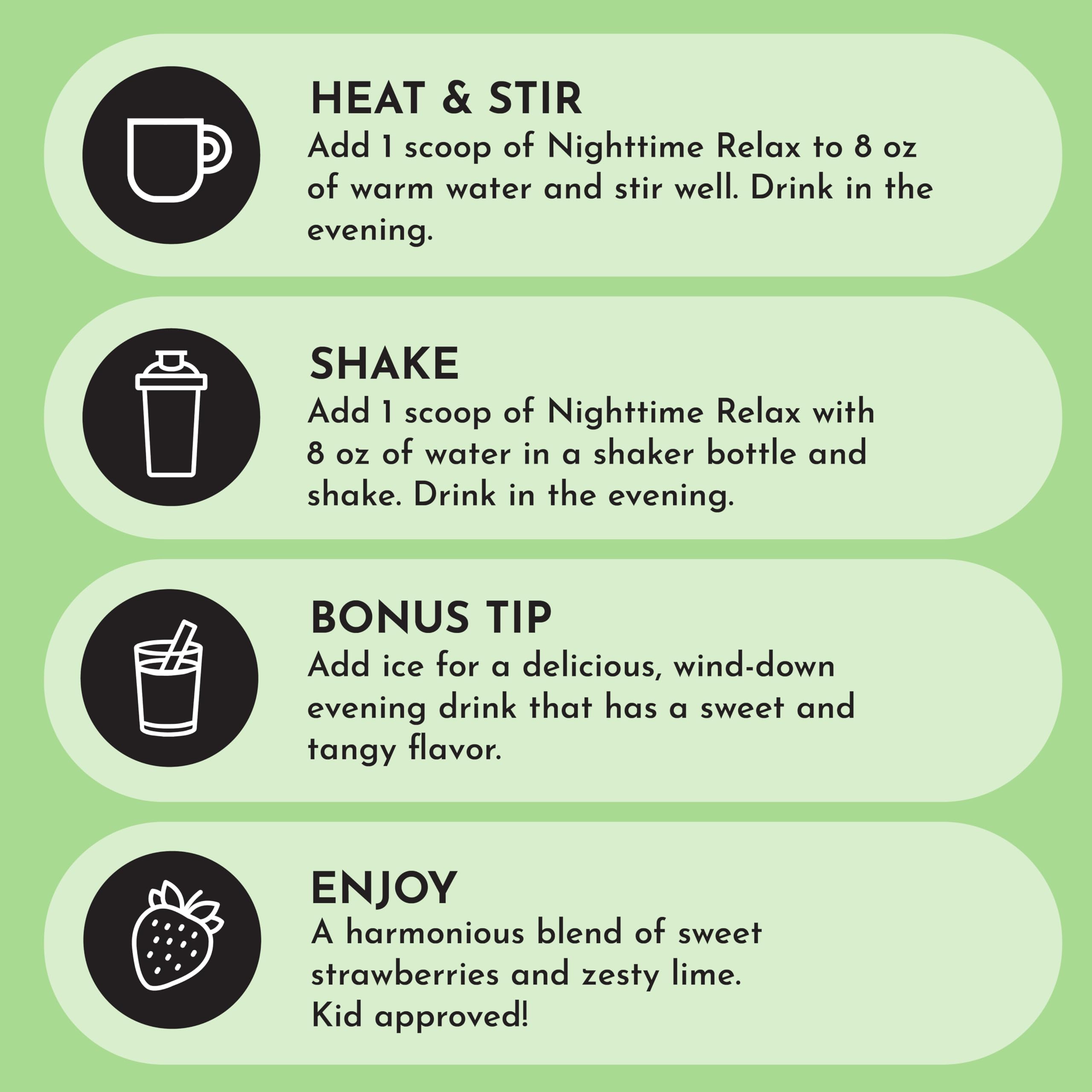 JUST INGREDIENTS Strawberry Limeade Nighttime Relax shelf-stable bottle with long shelf life.